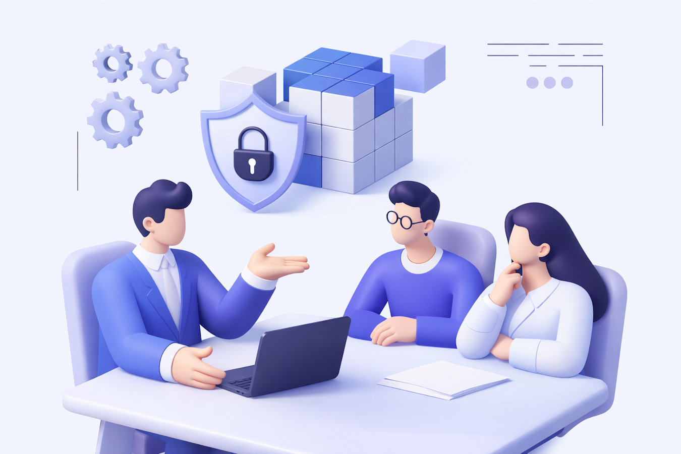 A blockchain development team discussing smart contract security and distributed ledger architecture with a client.