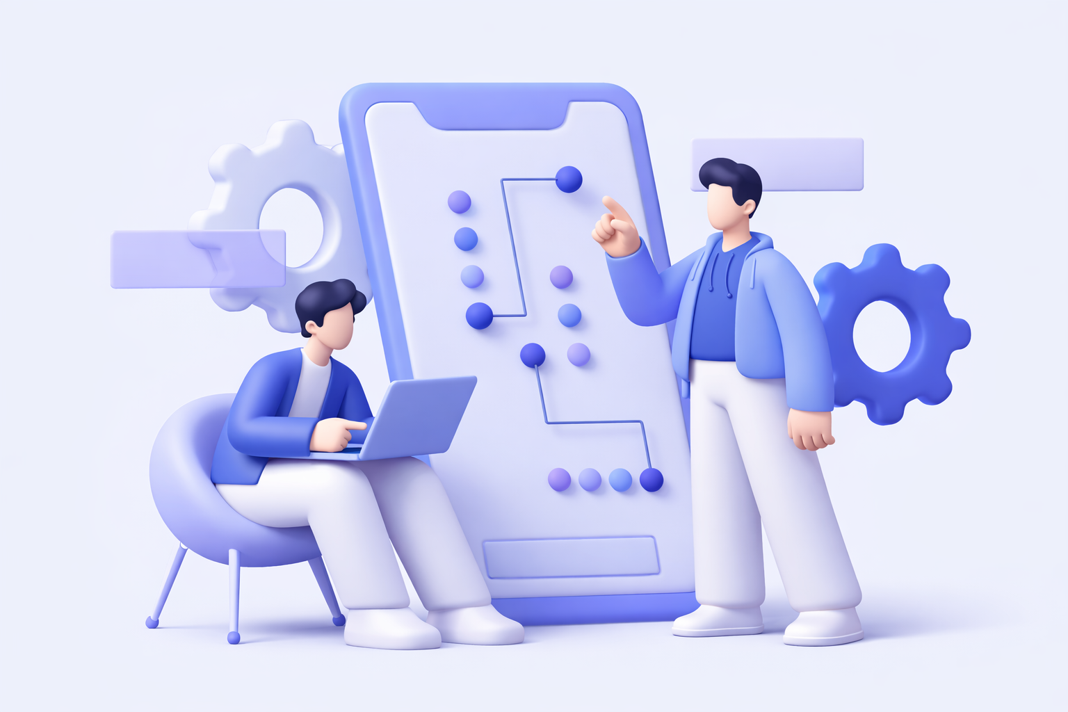 Blockchain software developers building and reviewing decentralized application architecture on a mobile platform.