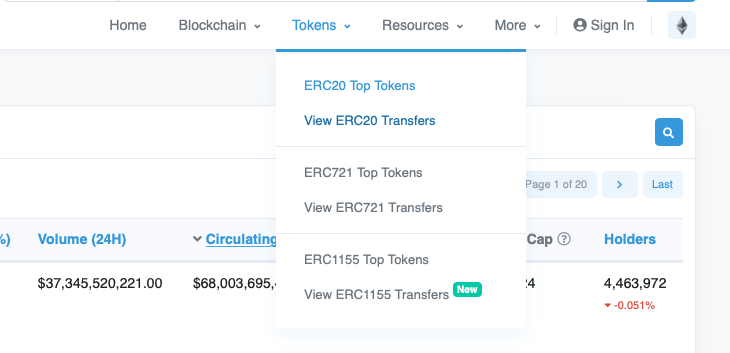 All ERC20 tokens can be viewed in the Tokens menu on Etherscan