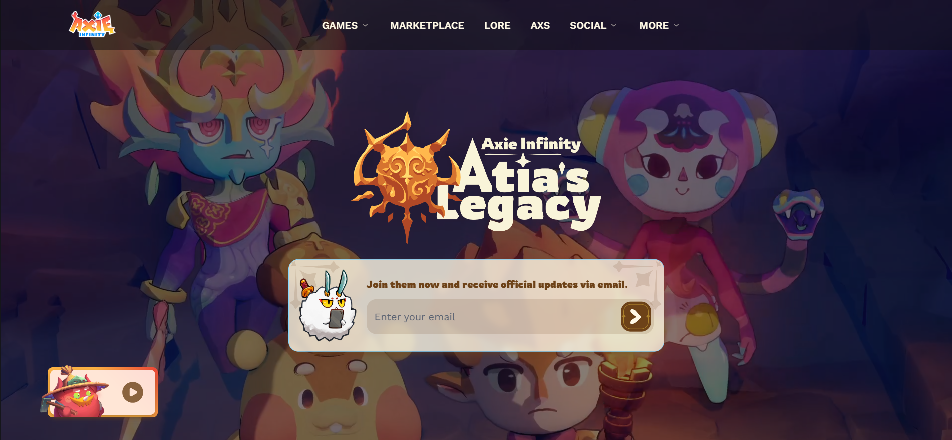アクシーインフィニティ公式ウェブサイトでは、カラフルなNFTクリーチャーキャラクターが登場する最新のブロックチェーンゲーム「アティアの遺産（Atia's Legacy）」を紹介しています。