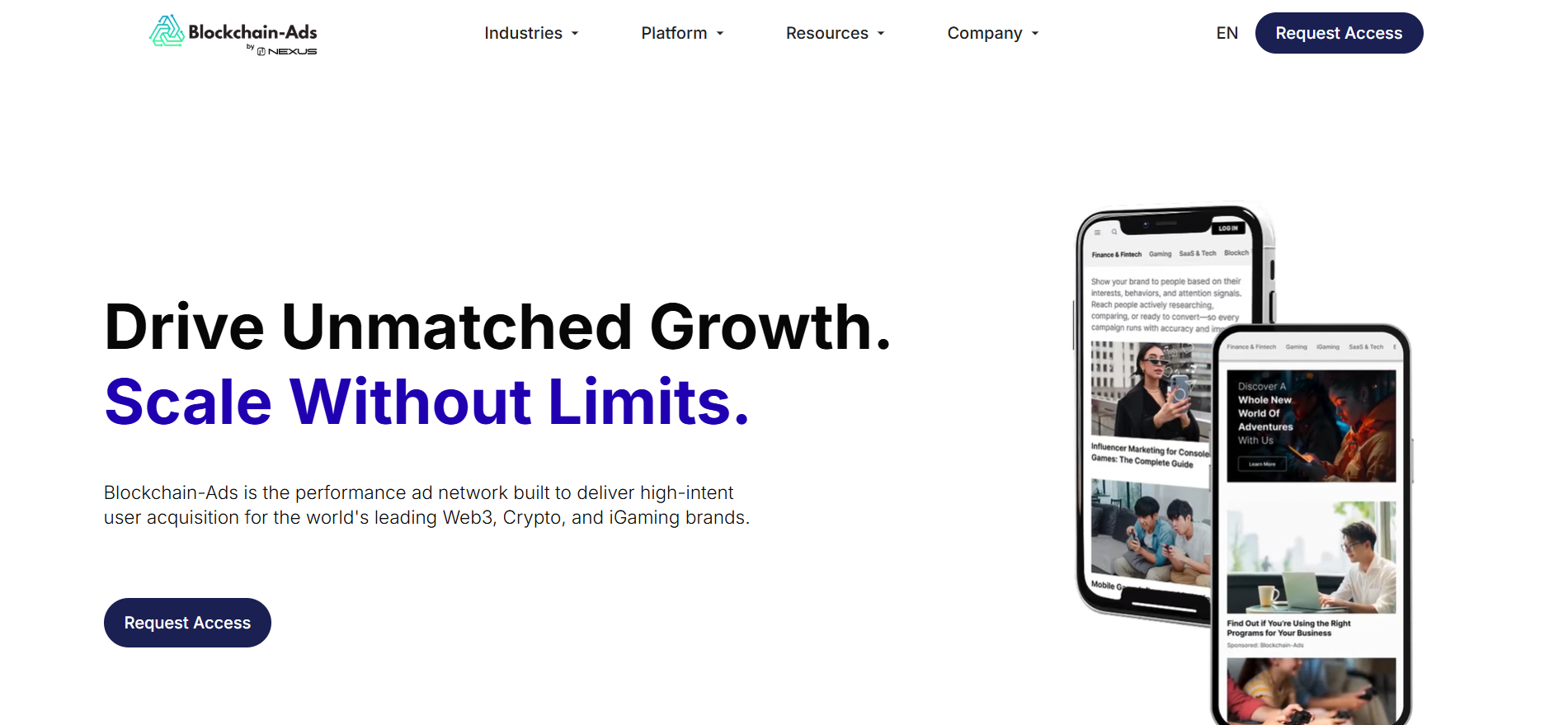Blockchain-Ads homepage showing "Drive Unmatched Growth. Scale Without Limits." — a top crypto marketing agency and performance ad network built for high-intent user acquisition across Web3, crypto, and iGaming brands.