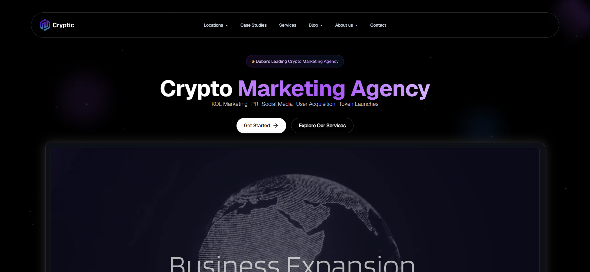 Cryptic homepage displaying "Crypto Marketing Agency" with KOL marketing, PR, social media, user acquisition, and token launch services — one of the top crypto marketing agencies based in Dubai serving Web3 and blockchain projects globally.