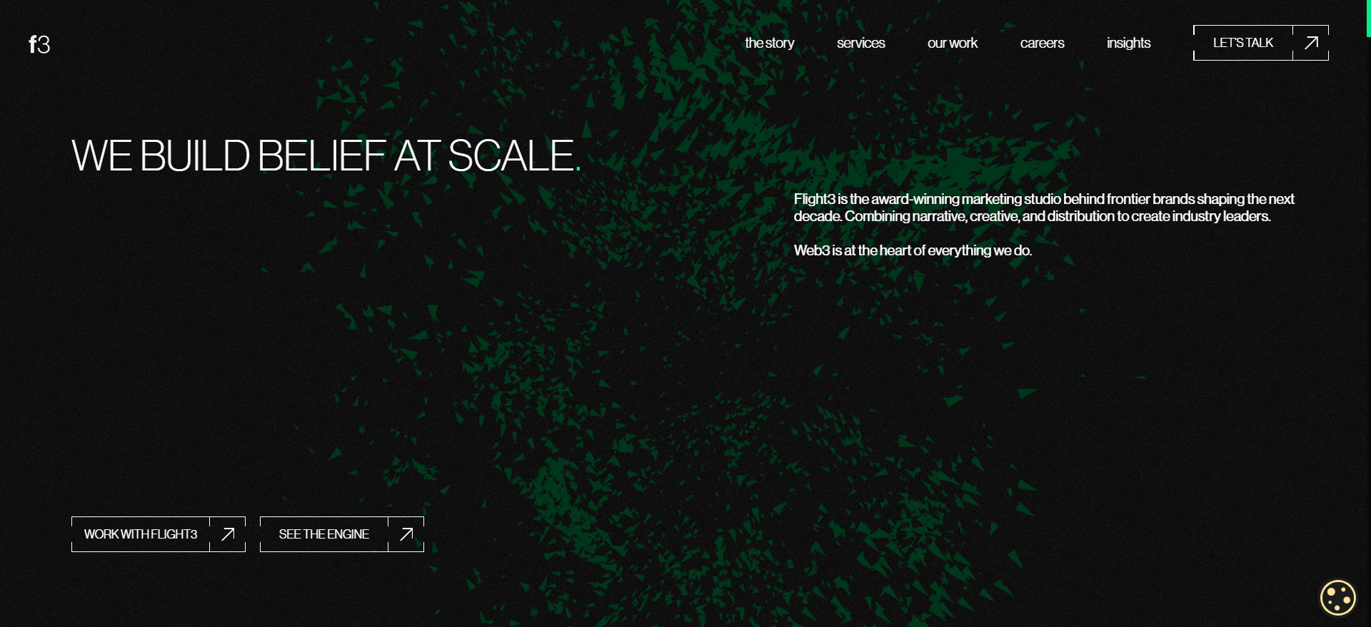 Flight3 homepage with "We Build Belief at Scale" hero headline — an award-winning Web3 creative marketing studio and top crypto marketing agency combining narrative, creative production, and distribution for frontier blockchain brands.