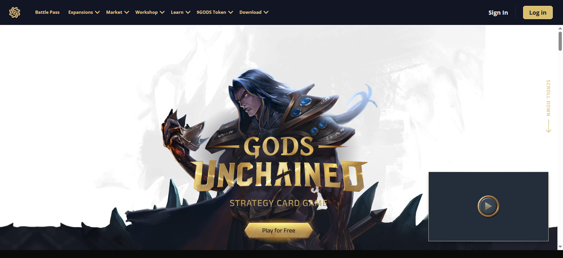 Gods Unchained 公式サイト - 無料で遊べるNFT戦略カードゲーム、ダークファンタジーのヒーローを背景にCTAボタンがあります。