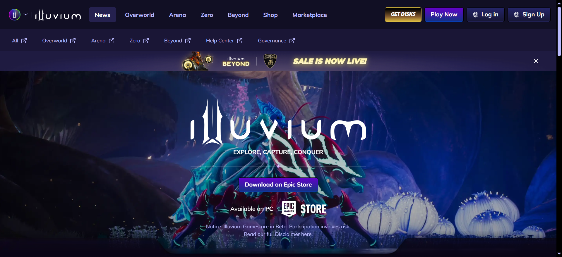Epicストアでダウンロード」ボタン、ランボルギーニ・ビヨンドとのパートナーシップバナー、AAAブロックチェーンRPGの「Explore Capture Conquer」のキャッチフレーズが掲載されたIlluvium公式サイトのホームページ。