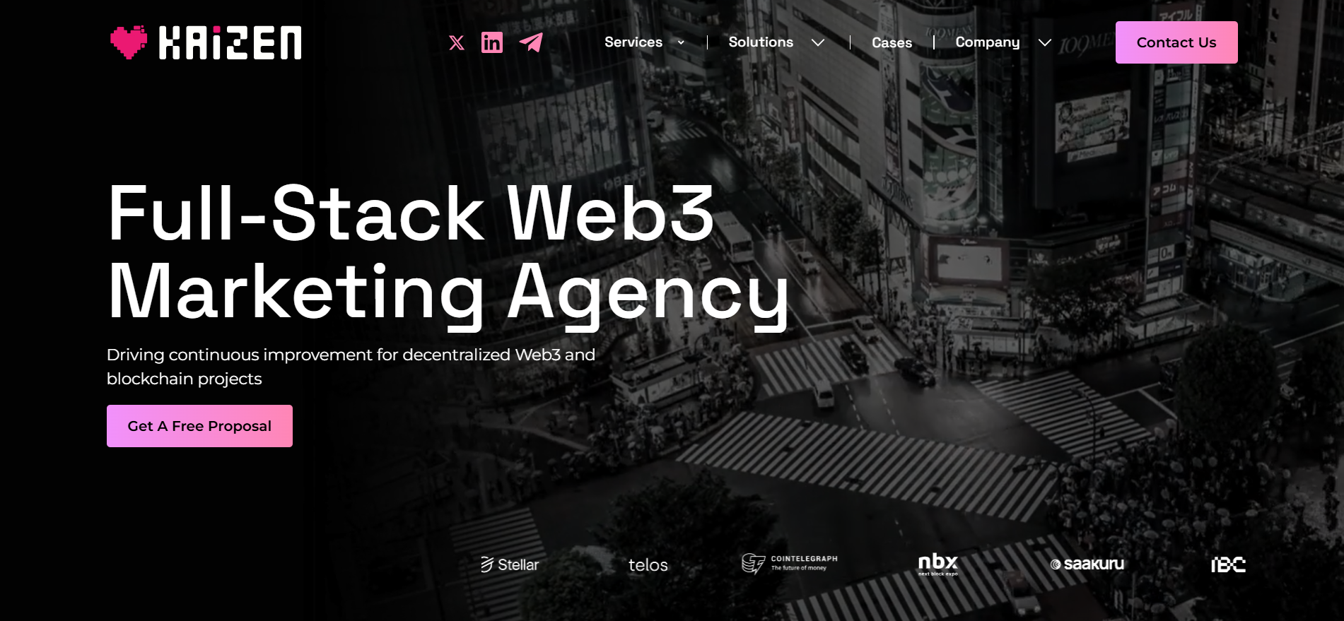 LuvKaizen homepage showing "Full-Stack Web3 Marketing Agency" — a top crypto marketing agency driving continuous improvement for decentralized blockchain projects, with clients including Stellar and Telos.