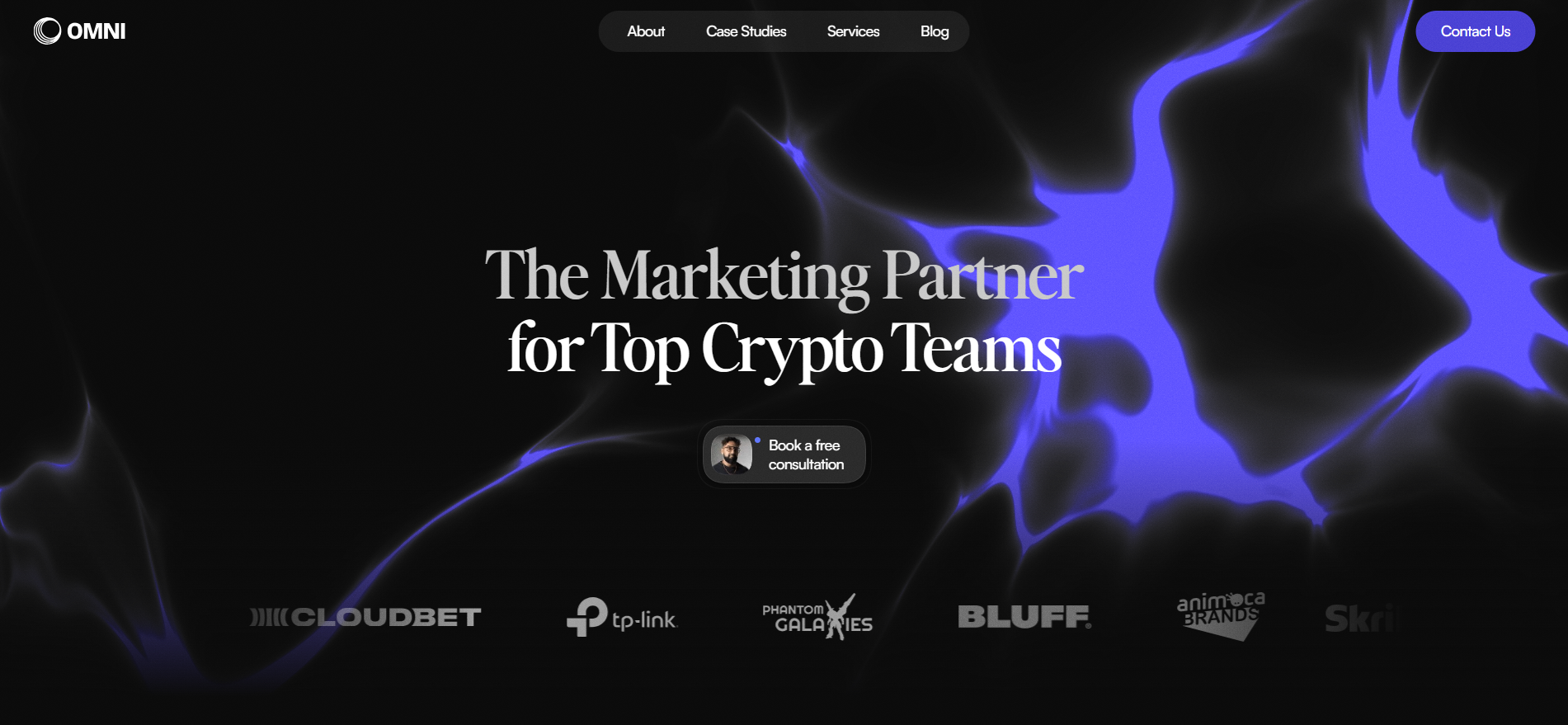 OMNI Agency homepage showing "The Marketing Partner for Top Crypto Teams" — a Web3 crypto marketing agency specializing in community growth, token launches, and user acquisition, with clients including Cloudbet, TP-Link, Phantom Galaxies, and Bluff.