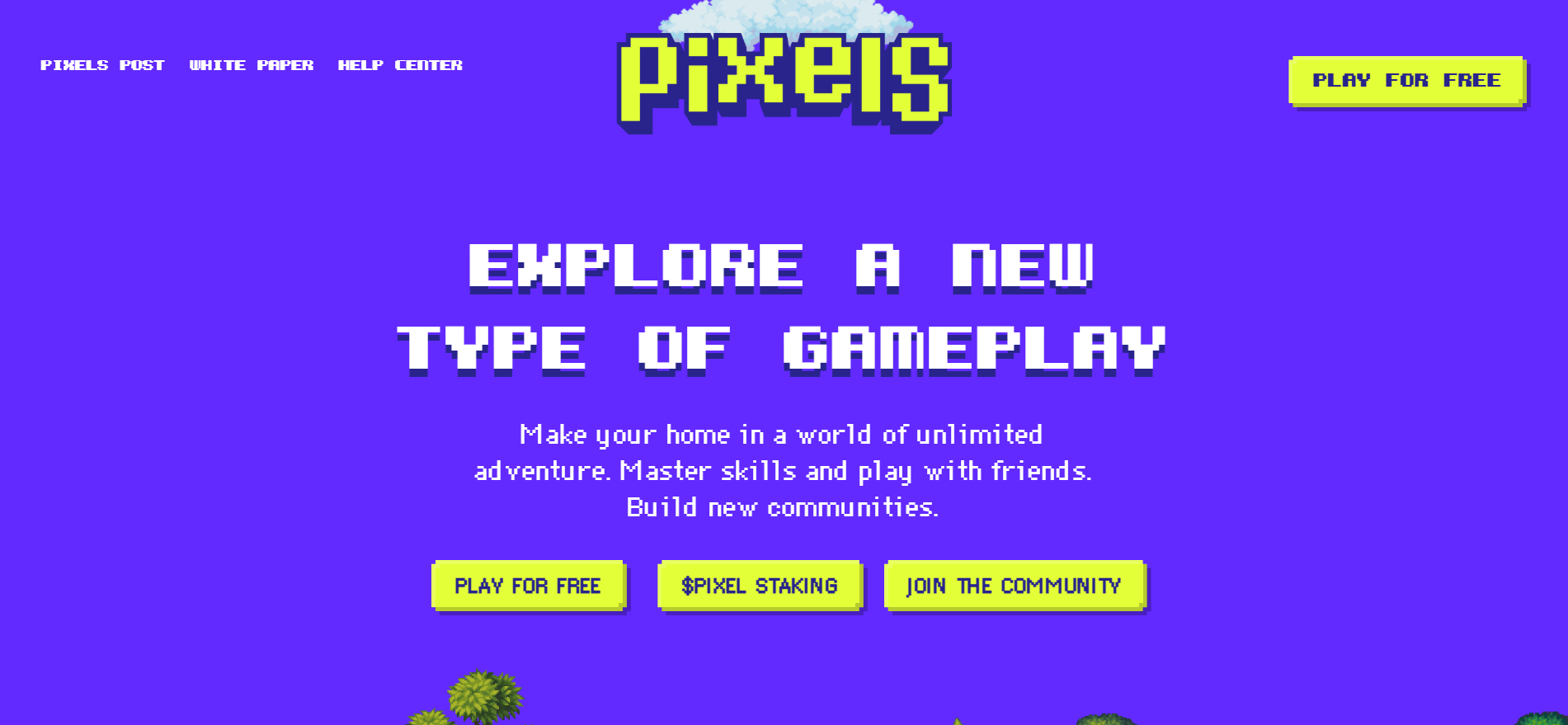 Pixels暗号ゲーム公式ホームページ、無料プレイ、$PIXELステーキング、コミュニティCTAへの参加 - Roninの無料プレイ農業ブロックチェーンゲーム。