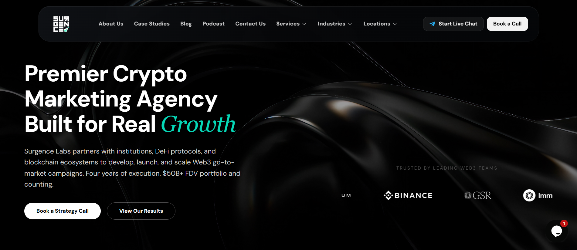 Surgence Labs homepage with "Premier Crypto Marketing Agency Built for Real Growth" — a top Web3 crypto marketing agency with a $50B+ FDV portfolio and institutional clients including Binance.