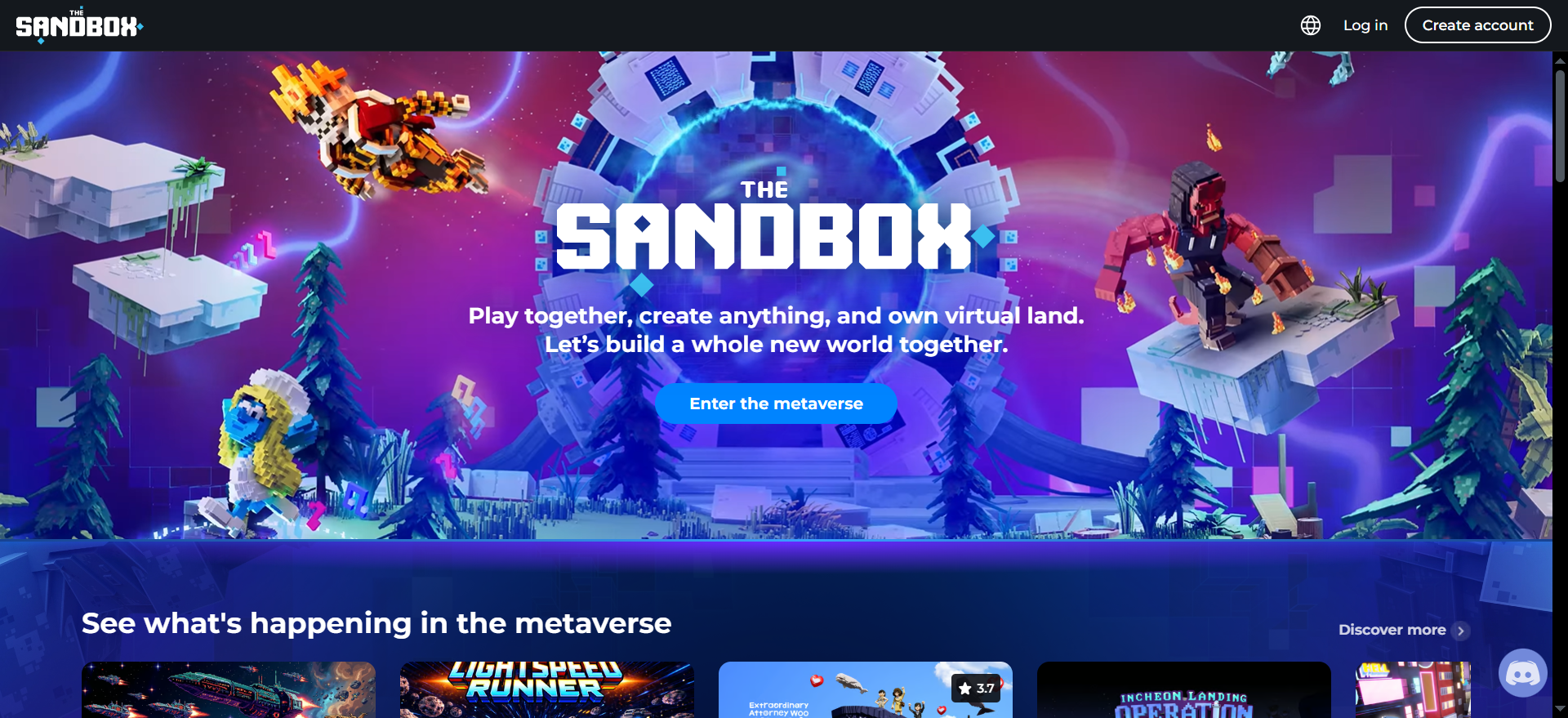 サンドボックスNFTのメタバースゲーム公式ホームページとメタバースCTA「Enter Metaverse」-プレイヤーが所有する仮想土地とボクセルワールドを表示。