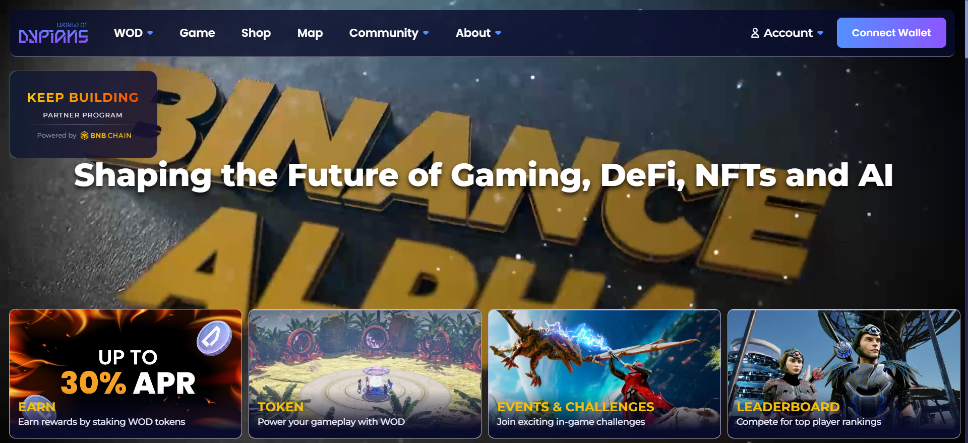 World of DypiansブロックチェーンMMORPG公式サイト - ゲームの未来を形作る DeFi NFTとAI、BNBチェーンで30％のAPRでWODトークンをステーキングしています。