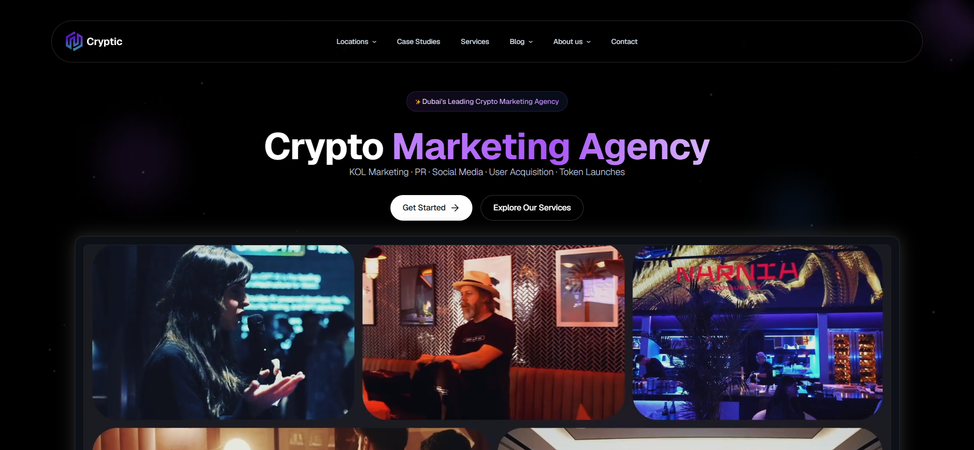 Cryptic crypto marketing agency homepage featuring the headline "Crypto Marketing Agency" with services listed as KOL Marketing, PR, Social Media, User Acquisition, and Token Launches. The page displays a dark background with purple accents, a "Dubai's Leading Crypto Marketing Agency" badge, and a collage of event photography showing speakers and networking at industry gatherings.