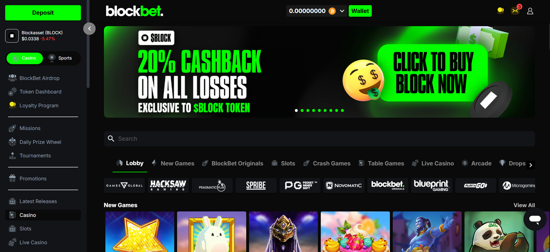BlockBet homepage showing sportsbook and casino with Blockasset NFT ecosystem integration