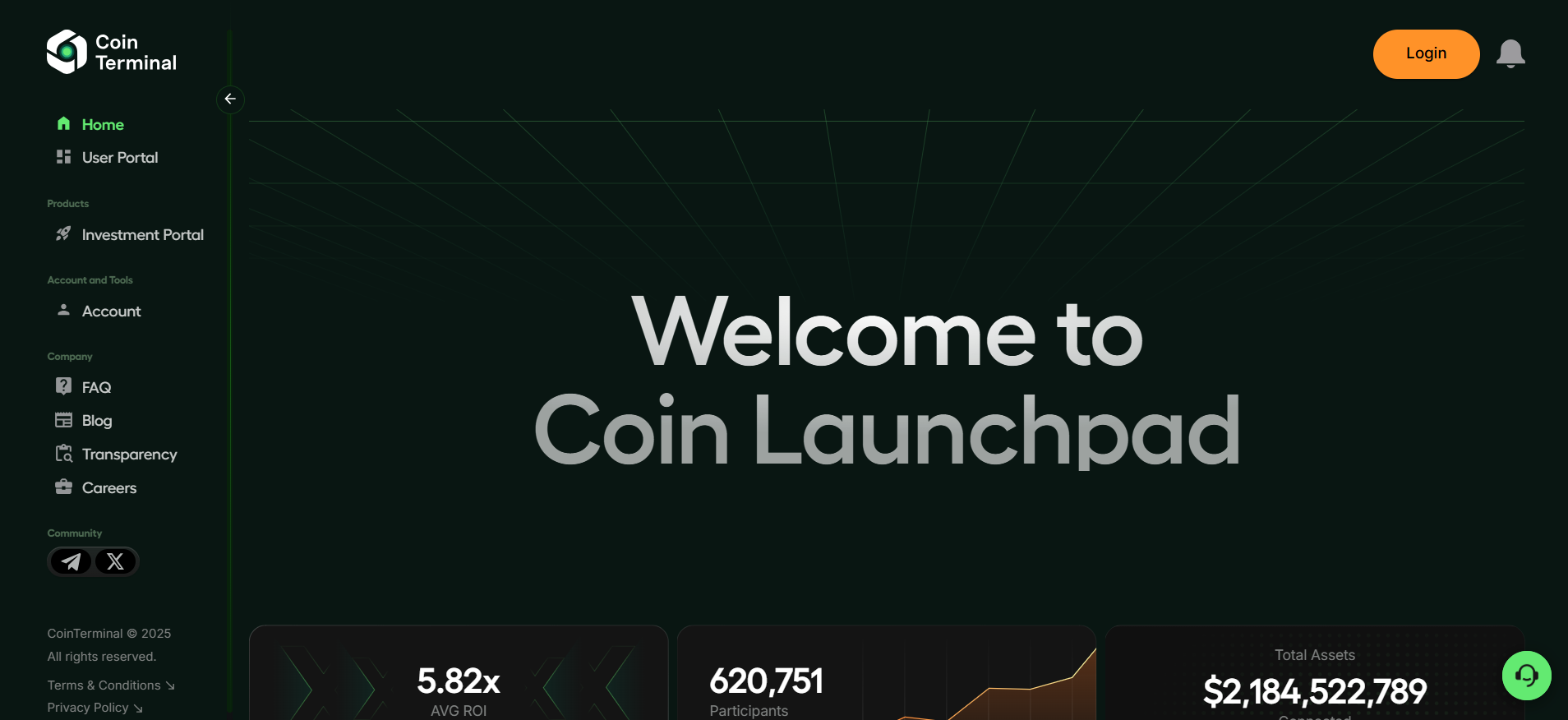 Coin Terminal 主页截图,这是一个以高投资回报率项目著称的 IDO 启动平台,使其成为最好的加密货币启动平台之一。
