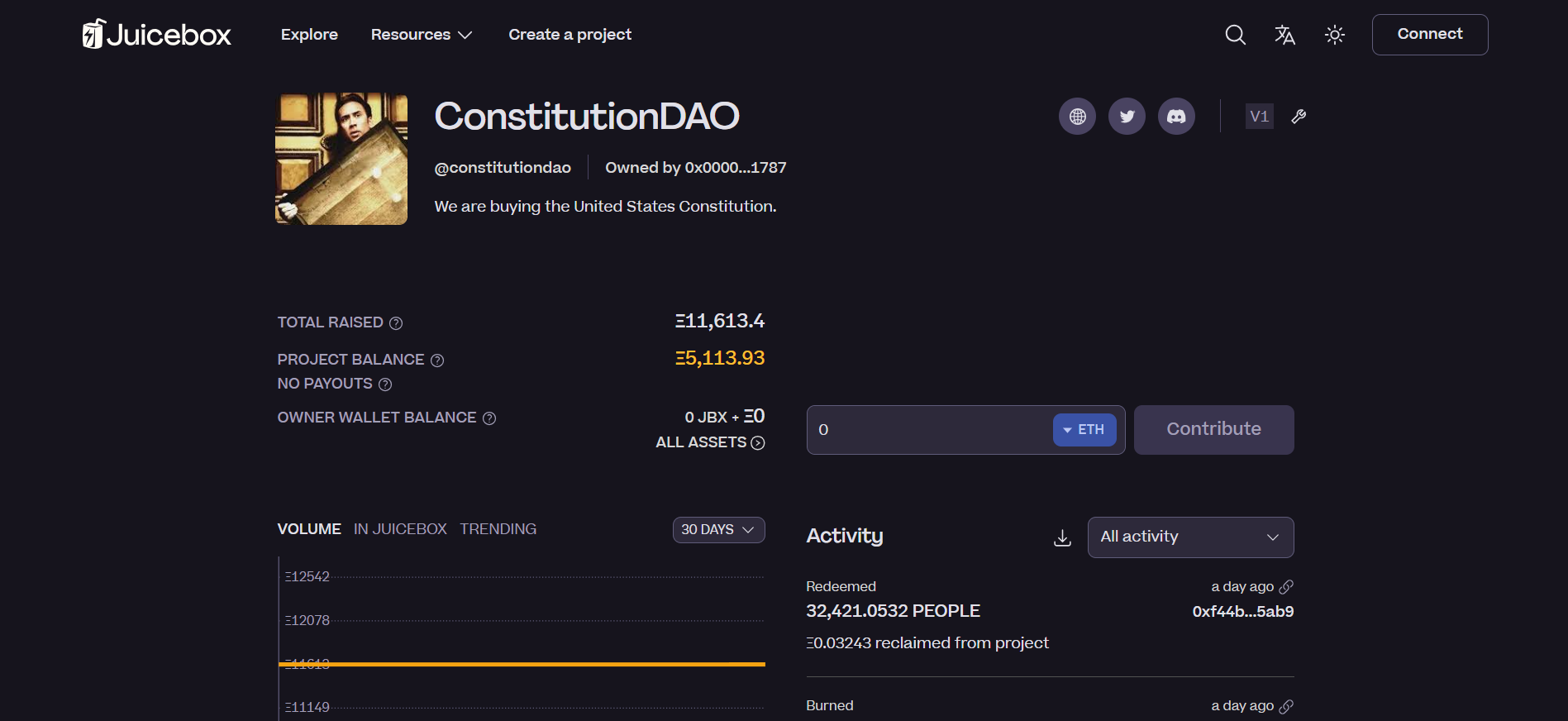 ConstitutionDAO 主页详细介绍其历史性的 DAO 使命，独一无二的选择