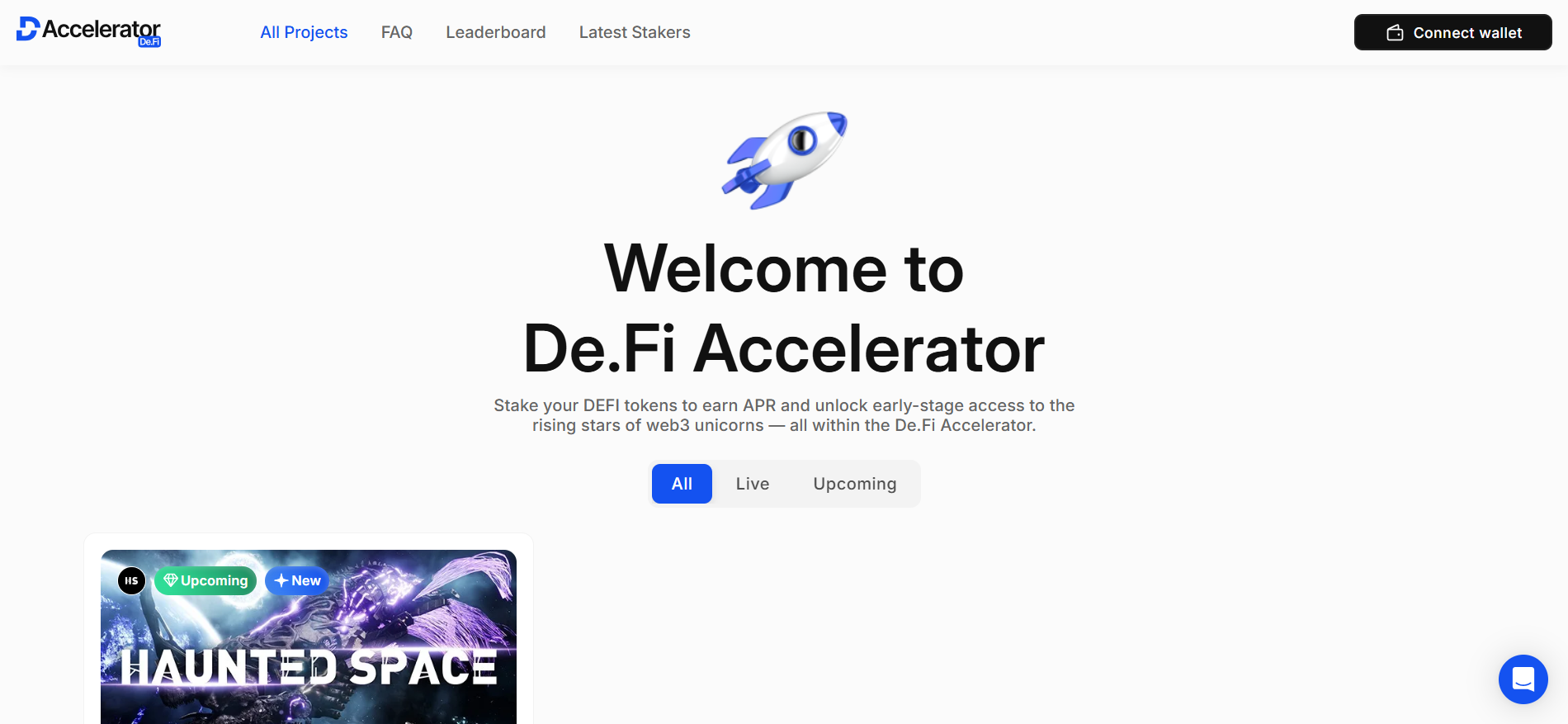 De.Fi Accelerator 主页截图,包括基于赌注的访问、排名系统和 Web3 项目孵化详情。