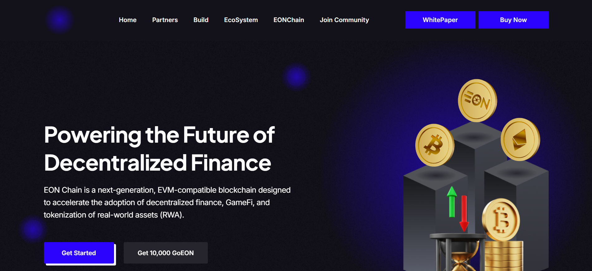 EON Chain homepage highlighting GameFi ecosystem with Layer 2 and real-world asset integration, a top crypto presale for 2025