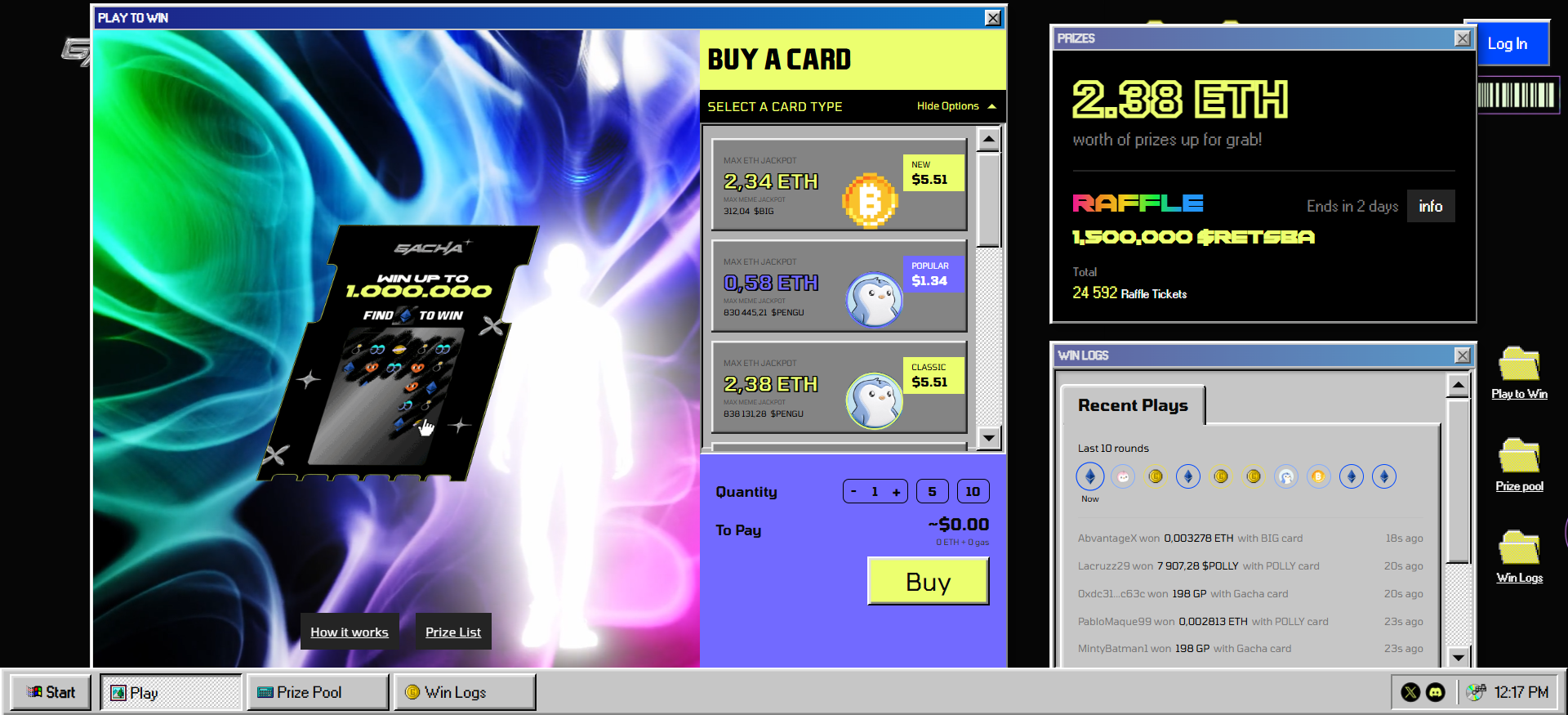 Gacha homepage with vibrant scratch card lottery design on Abstract blockchain network