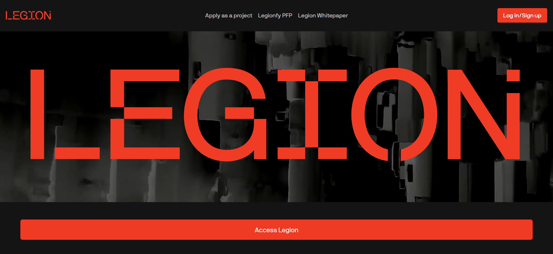 Legion 主页是一个区块链启动平台,展示了择优访问功能、社区协作工具和预代币投资选项。