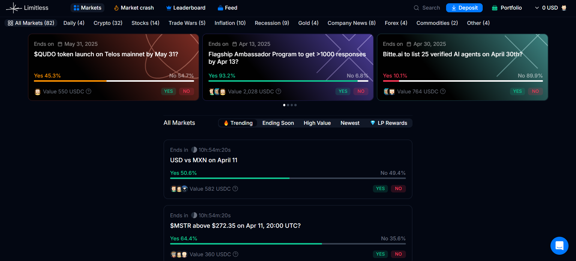 Limitless homepage for prediction market betting directly from wallet on Base blockchain