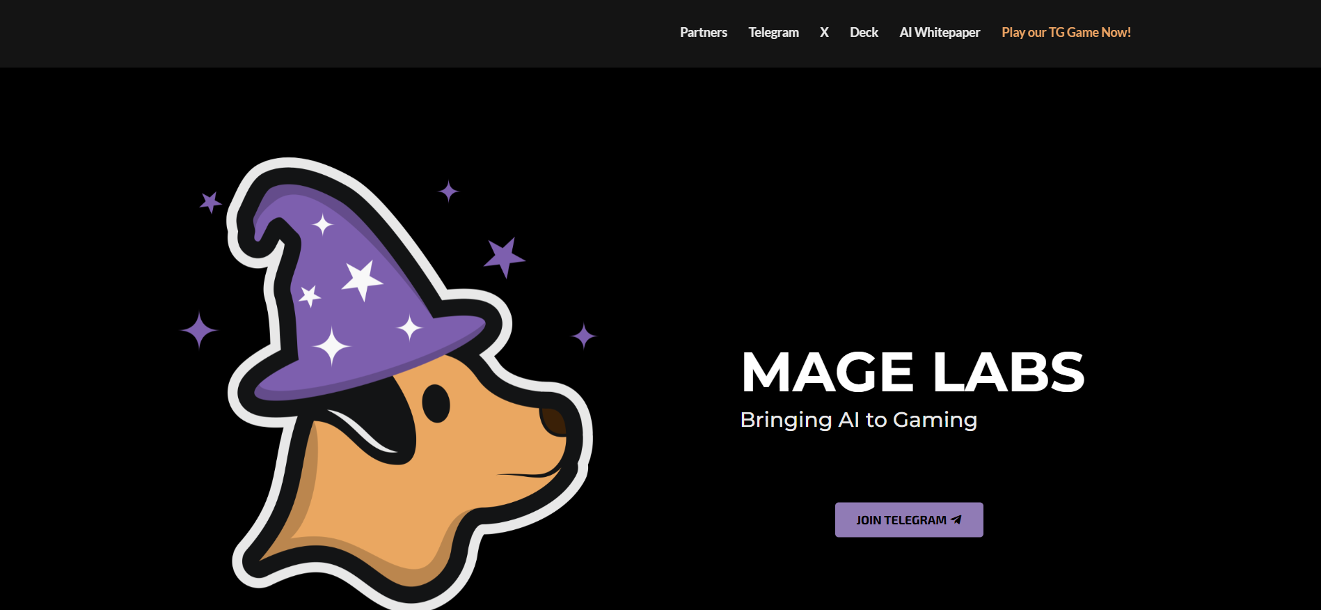 2025 年 4 月最佳加密货币预售活动之一：Mage Labs 主页，介绍其 "边玩边赚 "的 GameFi 工作室