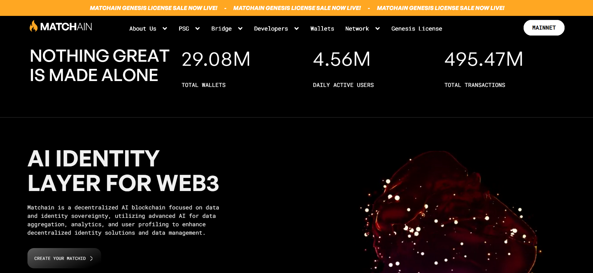Matchain homepage demonstrating AI-enhanced blockchain and digital identity solutions for secure decentralized systems