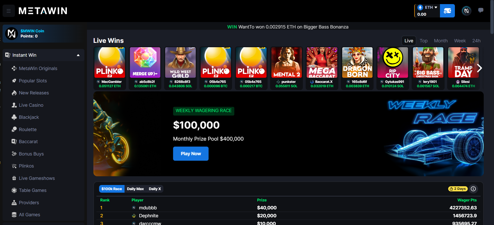 Metawin homepage with classic casino design, 4,000+ games, and Metawinners NFT collection