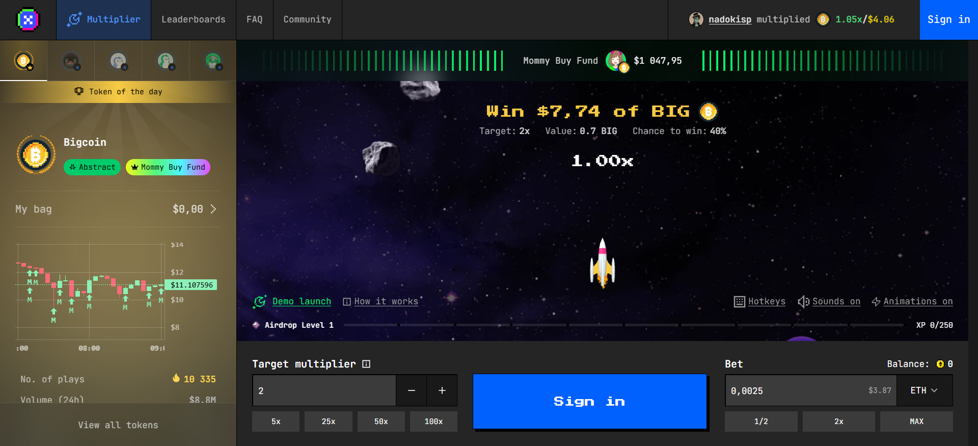 Multiplier homepage featuring crash game interface with memecoin rewards on Abstract blockchain