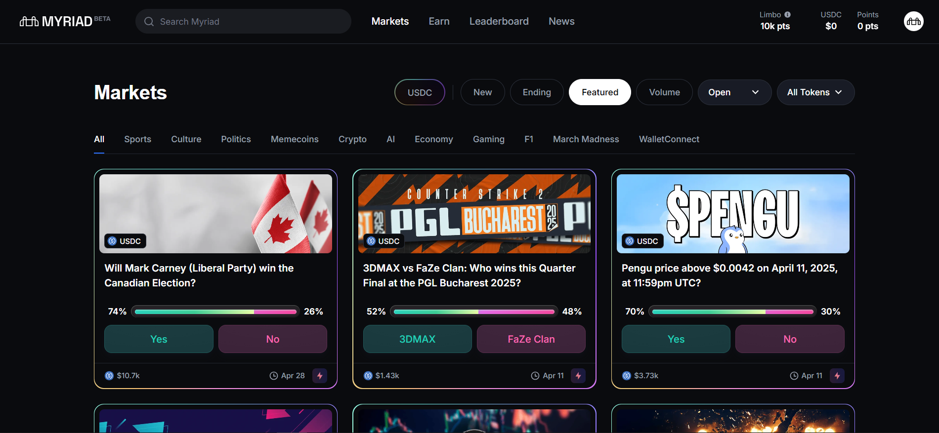 Myriad homepage displaying decentralized prediction market with USDC betting on Abstract network