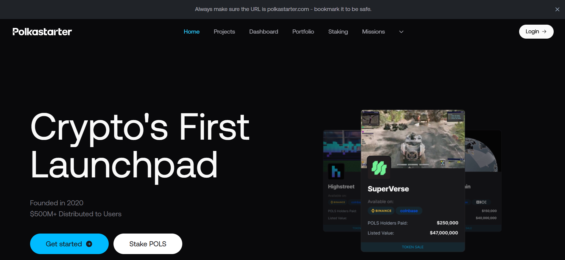 PolkastarterLaunchpad 主页,这是一个去中心化的加密货币发布平台,提供跨链项目列表、POLS 代币要求和去中心化筹款工具。