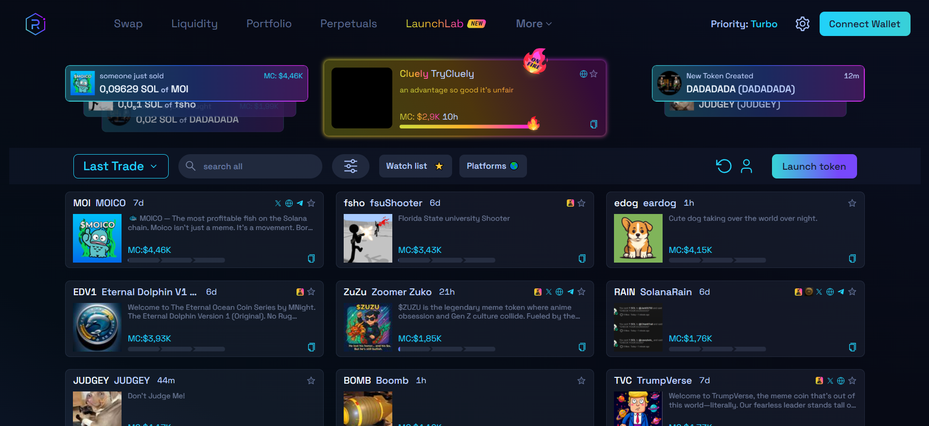 LaunchLab 主页,Solana 上的加密货币发布平台,带有 Raydium 品牌、导航选项和当前代币发布展示。
