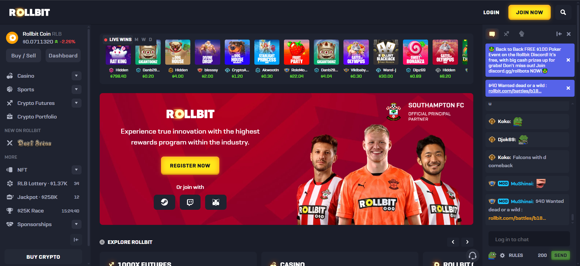 Rollbit homepage showcasing crypto casino, sportsbook, and NFT gambling with Ethereum and Bitcoin options