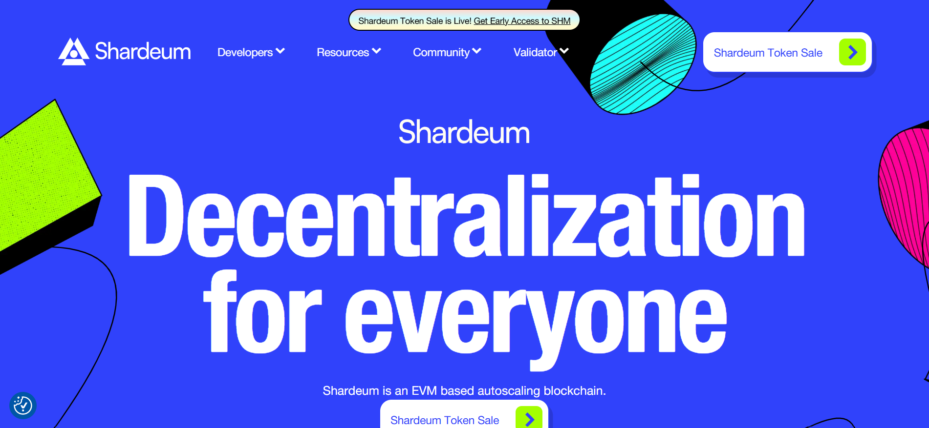 Shardeum homepage featuring autoscaling Layer 1 blockchain for smart contracts, positioned as a top crypto presale for decentralized innovation