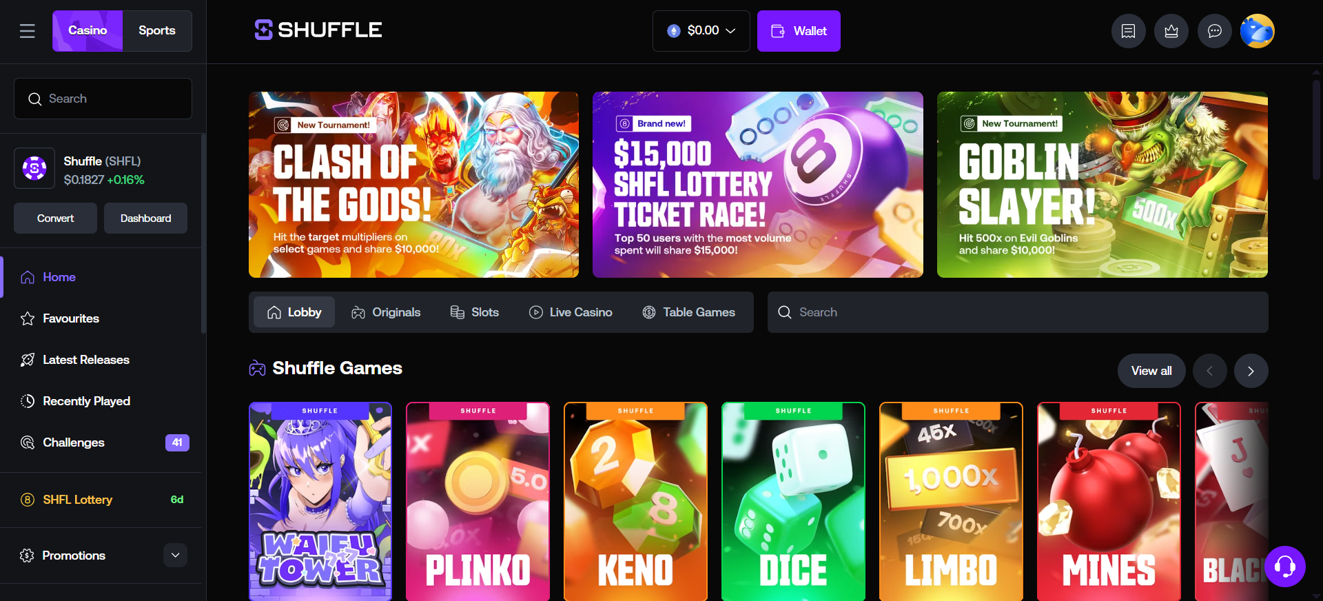 Shuffle casino homepage with slots, live games, and sports betting, supporting Ethereum and Solana