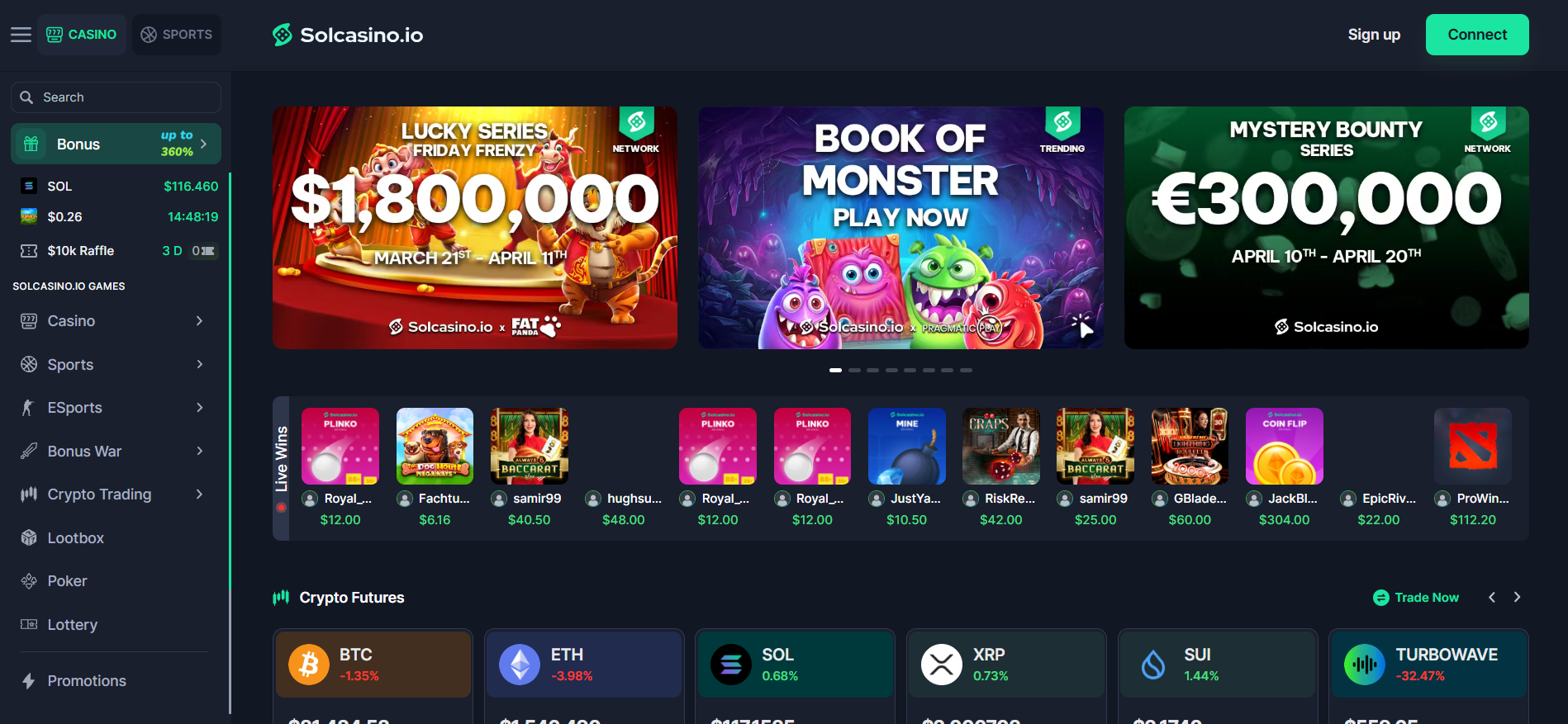 Solcasino homepage featuring 4,000+ games, sportsbook, and poker with Ethereum and Polygon support