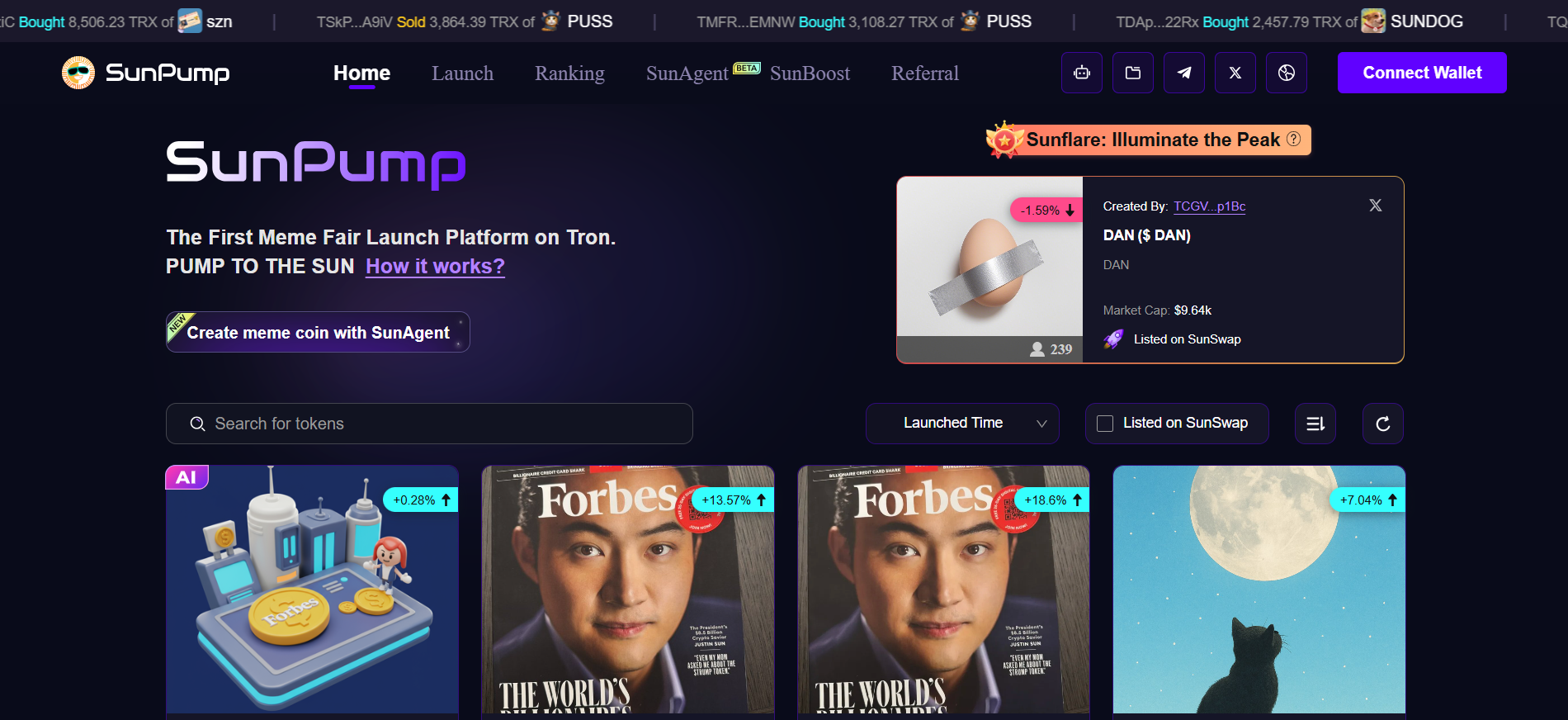 SunPump 主页,由 Justin Sun 支持的基于 TRON 的 memecoin 发射平台