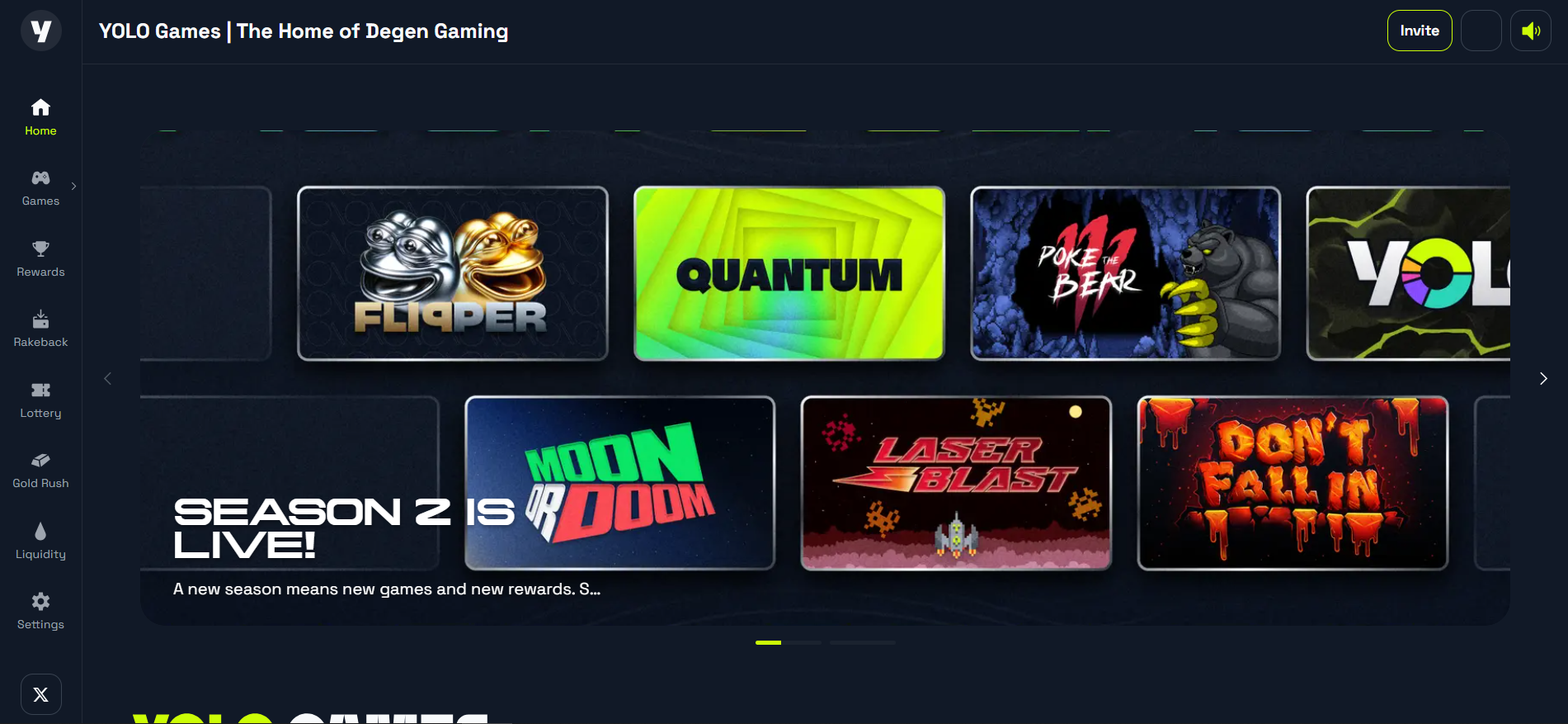 YOLO Games homepage highlighting multiplayer casino and lottery on Blast chain with clean interface