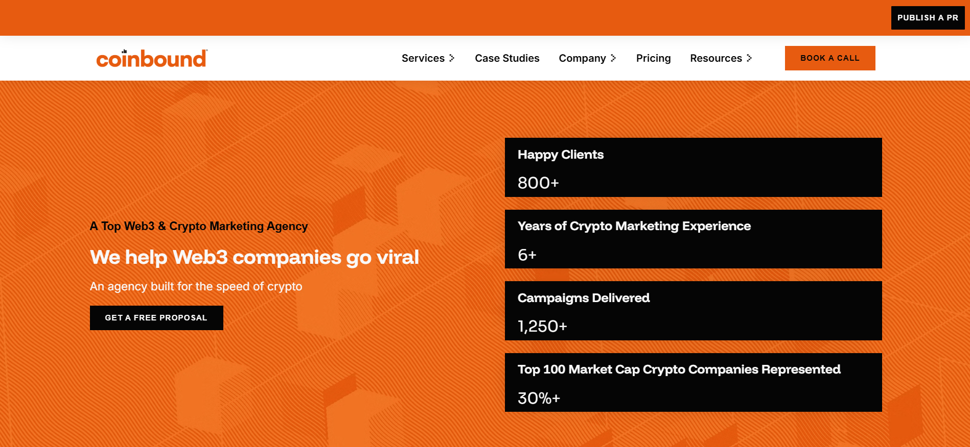 Coinbound Web3 marketing agency homepage showing key stats.