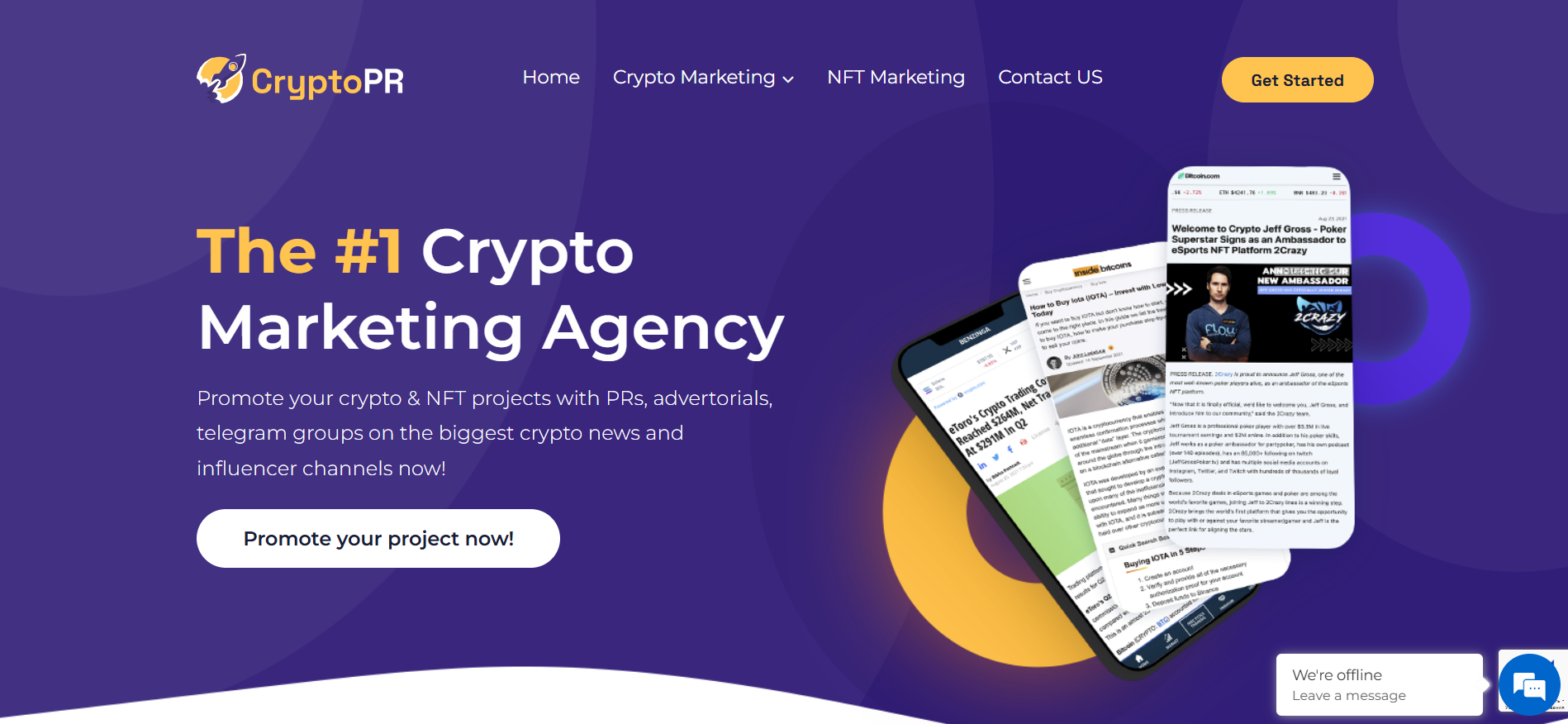 CryptoPR 主页展示了广泛的媒体网络、病毒式营销能力和影响者营销--最适合需要立即曝光的加密项目的营销机构