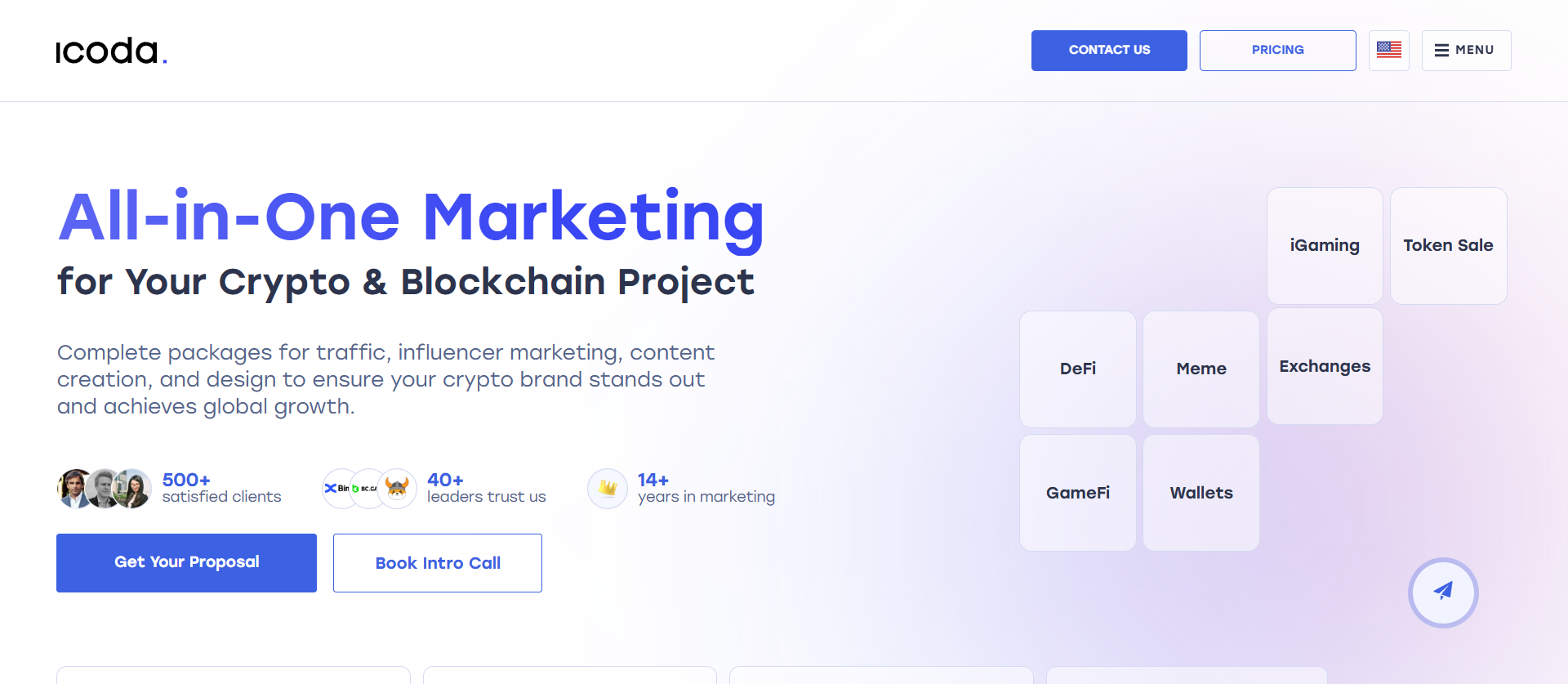ICODA homepage offering full-stack crypto and blockchain marketing packages
including DeFi, GameFi, meme token, and exchange promotion.