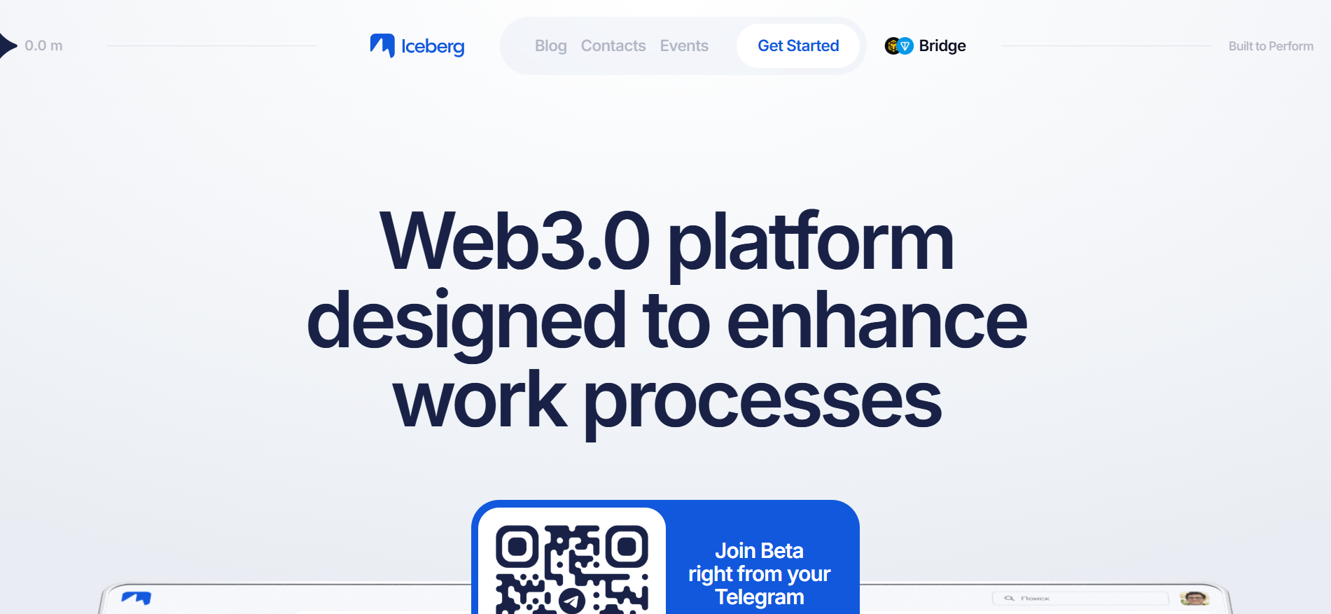 Iceberg site in Telegram WebApp view highlighting in-chat productivity tools, AI assistant features, and BinStarter IDO countdown ai crypto presale