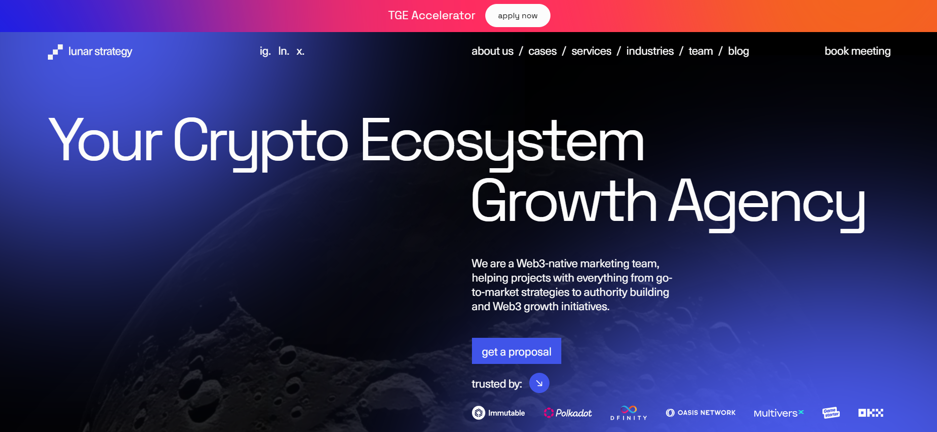 Lunar Strategy crypto ecosystem growth agency homepage with client logos
including Polkadot, Immutable, DFINITY, Oasis Network, and OKX.