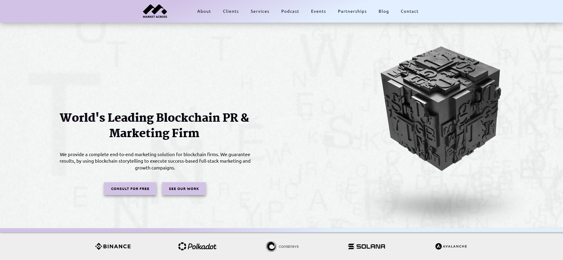 MarketAcross website showcasing blockchain storytelling, PR services, and media relations expertise positioning them as delivering the best marketing for crypto projects worldwide

