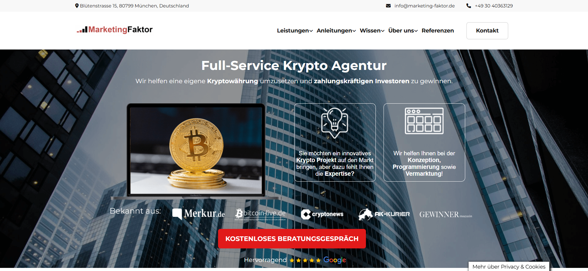Marketing-Faktor homepage showcasing ICO launch expertise, token development services, and regulatory compliance as specialized best crypto marketing agency in Germany
