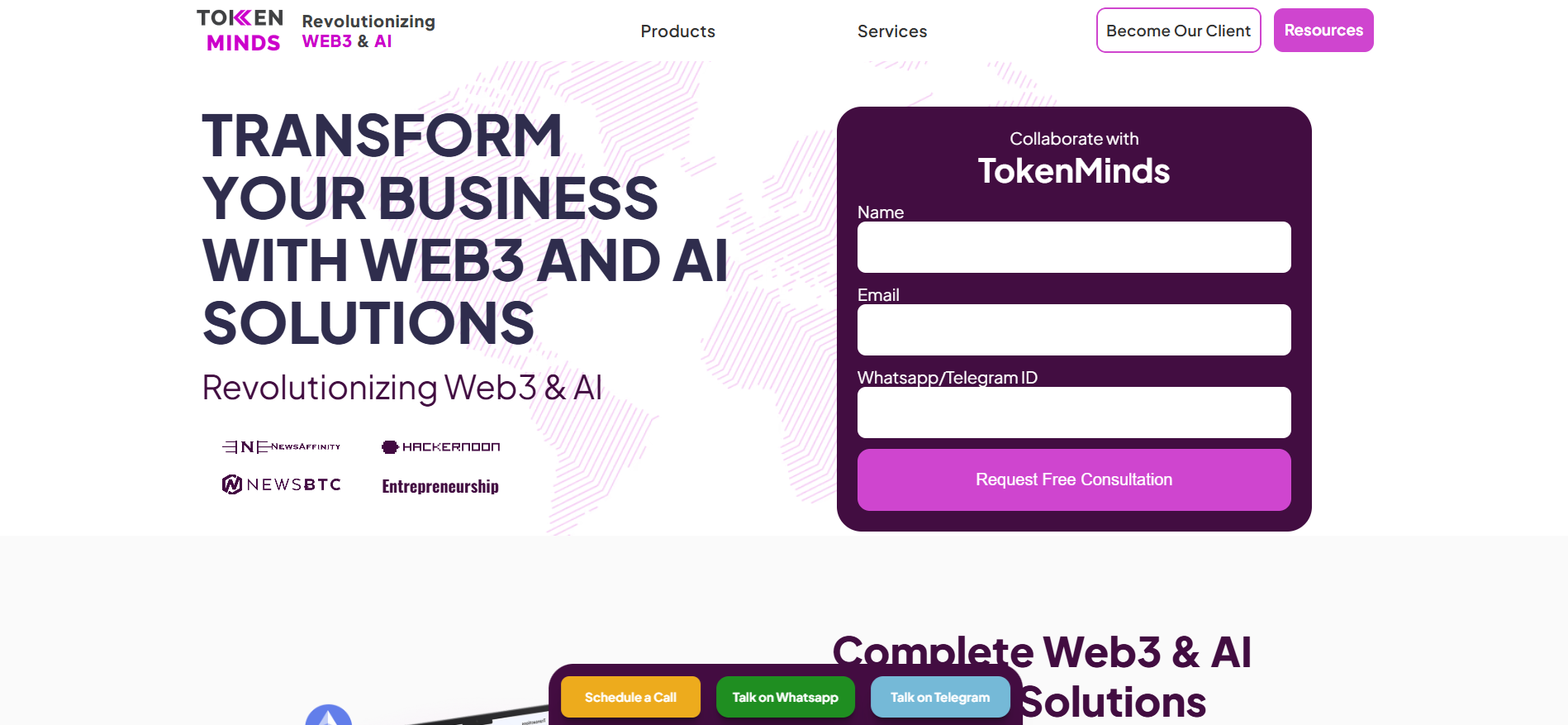 Token Minds Web3 and AI solutions agency homepage with press mentions
in NewsAffinity, HackerNoon, NewsBTC, and Entrepreneurship — token launch specialists.