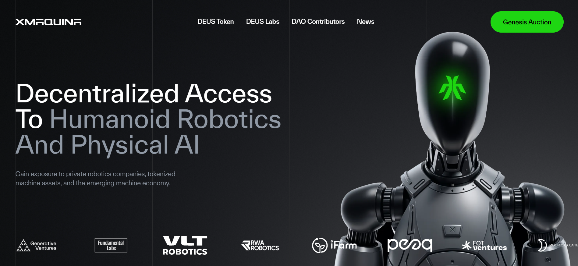 XMAQUINA homepage featuring a hero banner of robotic arms and an on-chain auction countdown with DEUS token details new ai crypto presale