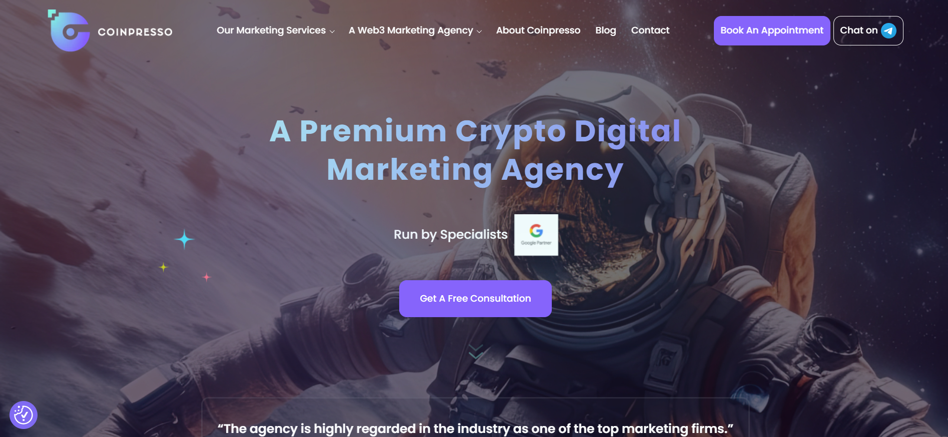 تعرض الصفحة الرئيسية ل Coinpresso خدمات تسويق الأداء المتميزة باعتبارها أفضل وكالة تسويق للعملات الرقمية في أمريكا اللاتينية