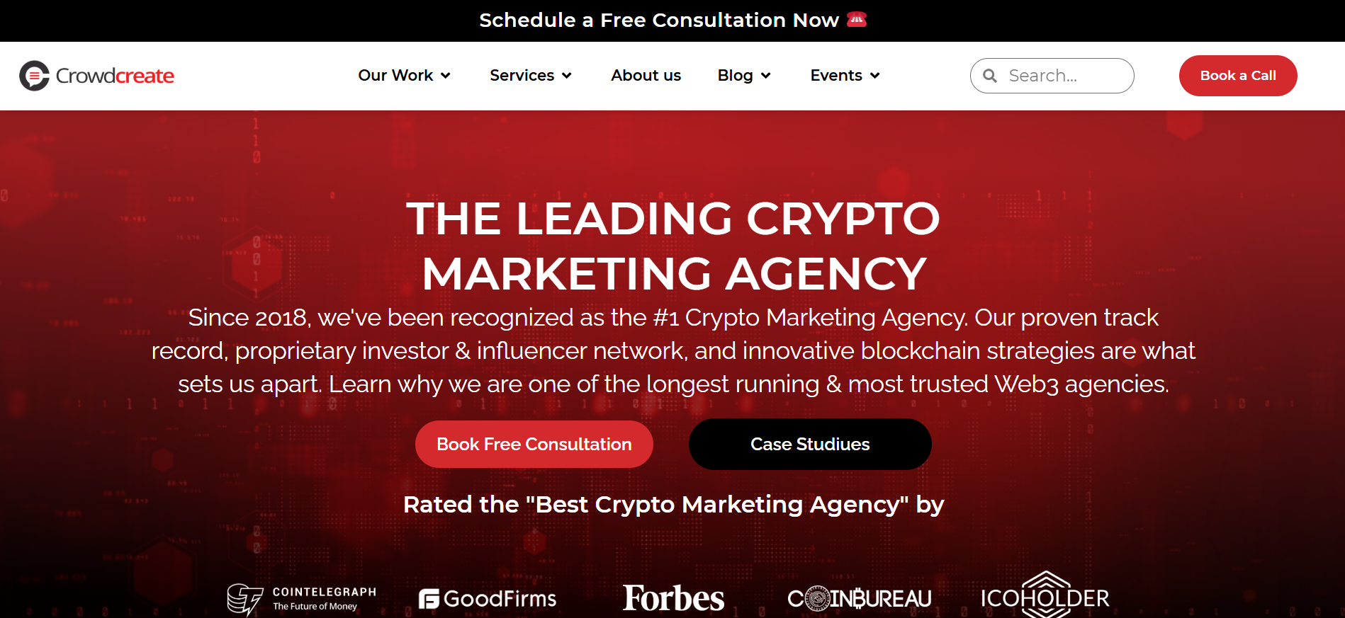 صفحة Crowdcreate الرئيسية التي تتميز بخدمات تسويق شاملة عبر الويب 3 لأفضل استراتيجيات نمو شركات التشفير