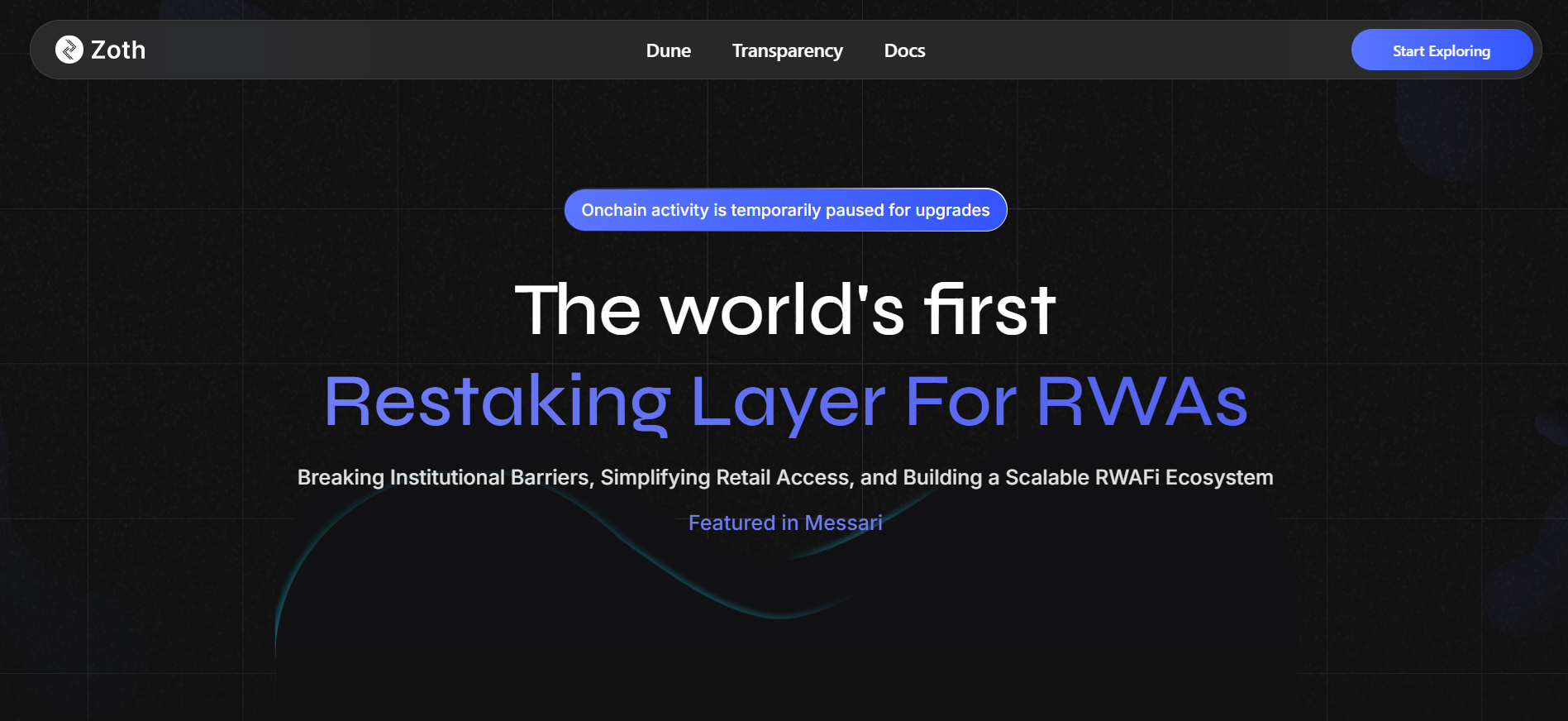 La homepage di Zoth mostra obbligazioni tokenizzate e pool di crediti reali, parte delle migliori prevendite di criptovalute di quest'anno negli USA