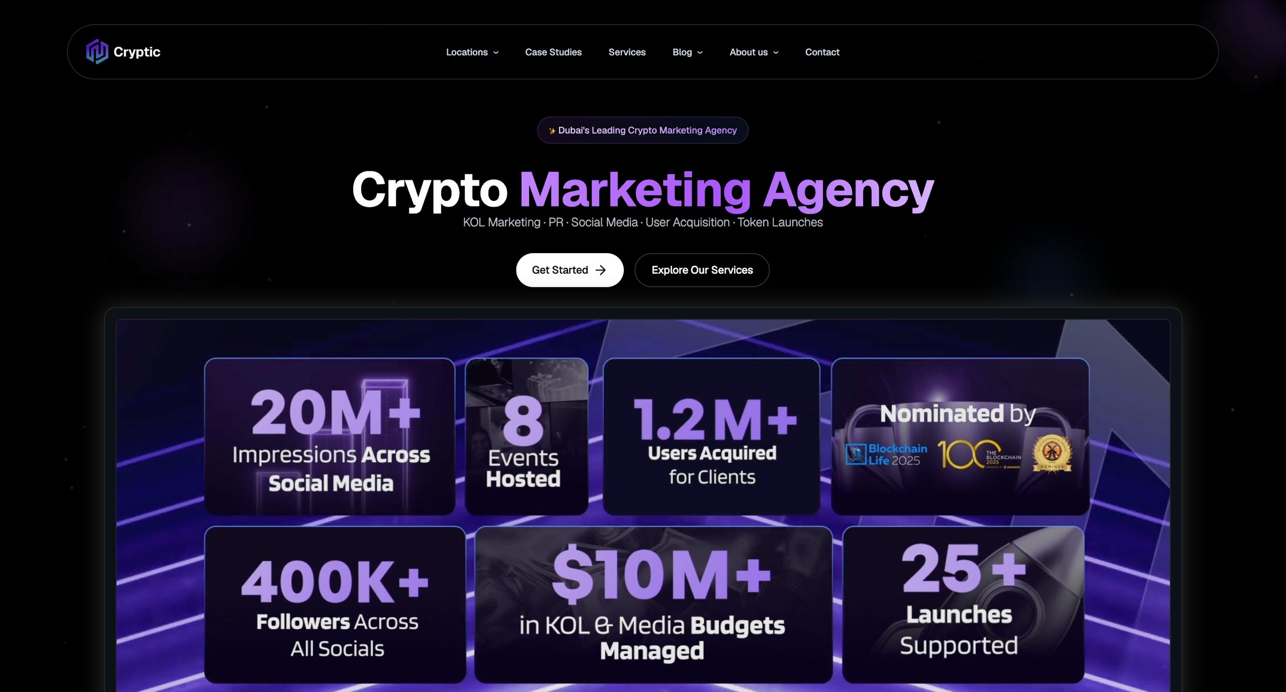 واجهة الصفحة الرئيسية لوكالة تسويق العملات المشفرة Cryptic ومقرها دبي